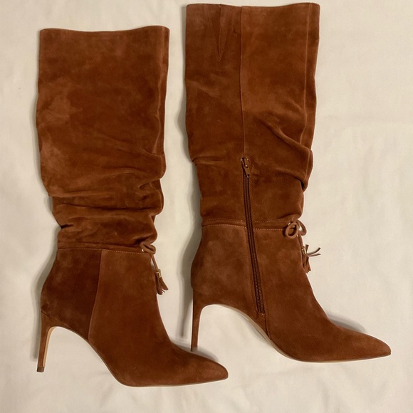 White House Black Market Cognac Suede Tall Heeled Boot~Size 7M~Side Zip~NEW! - Picture 3 of 9